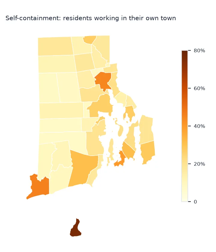 Map of Rhode Island's towns coloured by the share of resident workers who work in their own town: most towns between 8% and 25%, Providence, Westerly and Newport higher, and New Shoreham on Block Island at 76%.