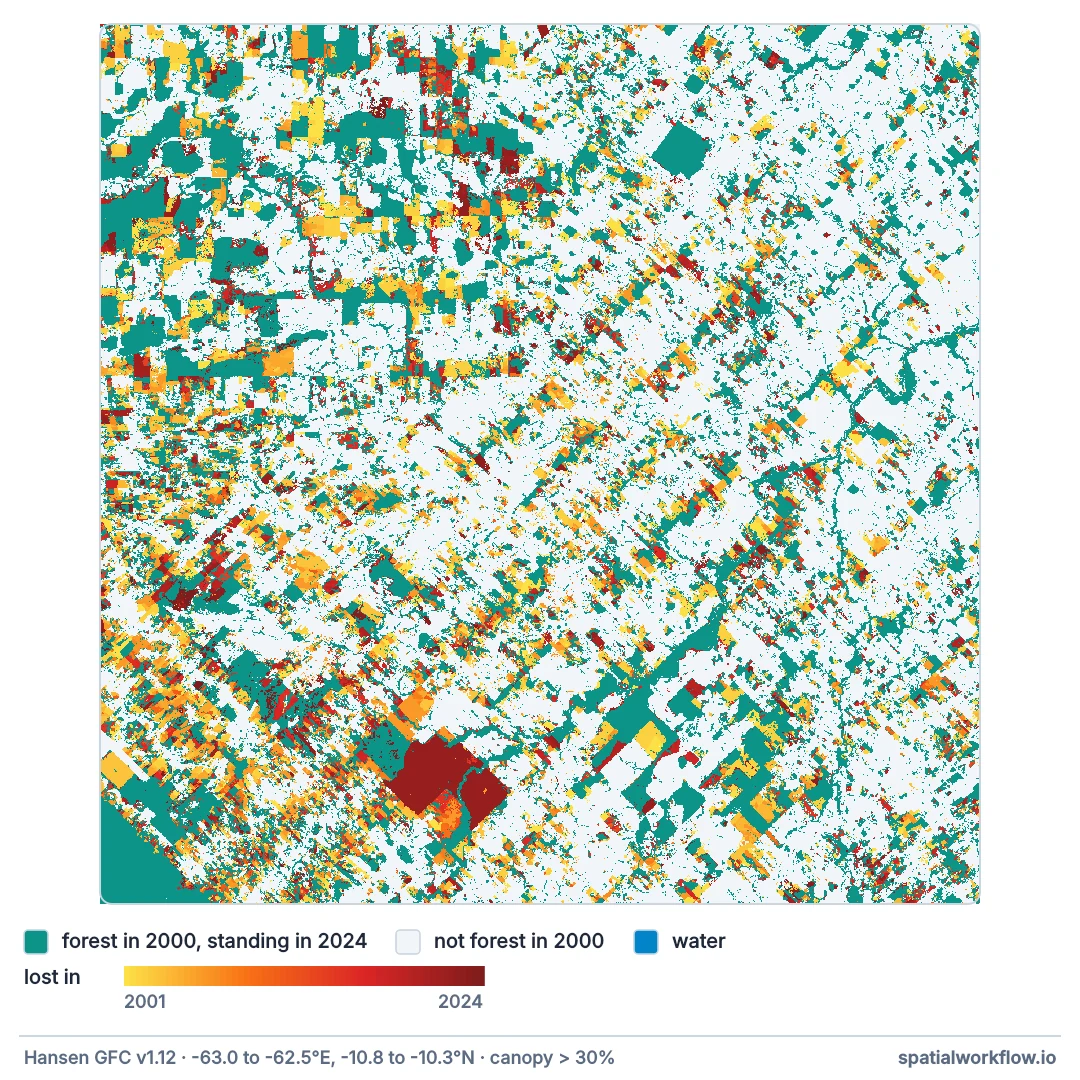 Map of a half-degree window in Rondônia: remaining forest in teal, land that was not forest in pale grey, and forest lost between 2001 and 2024 coloured from yellow for early losses to dark red for recent ones, forming herringbone patterns along roads.