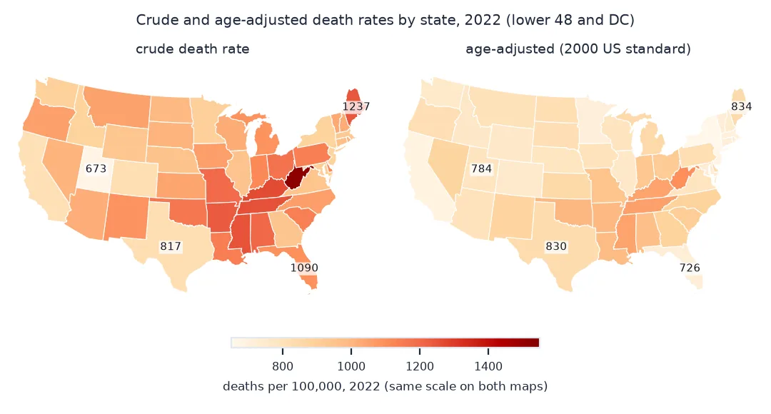 Two maps of the lower 48 states and DC on the same colour scale: crude death rates in 2022 are highest in West Virginia, the Southeast and Maine, with Florida at 1,090 per 100,000 and Utah at 673; age-adjusted rates are lower in the old states, Florida 726.5 and Maine 833.5, and higher in young ones, Texas 830 and Utah 784.