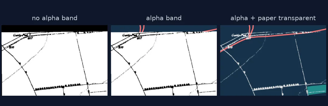 Three versions of the Oakham sheet's north-west corner over a blue background, a green modern field and today's red roads: without an alpha band a black wedge covers the corner; with an alpha band the wedge is clear but white paper hides the layers; with the paper made transparent only the old linework is drawn over the modern map.