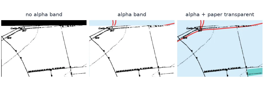 Three versions of the Oakham sheet's north-west corner over a blue background, a green modern field and today's red roads: without an alpha band a black wedge covers the corner; with an alpha band the wedge is clear but white paper hides the layers; with the paper made transparent only the old linework is drawn over the modern map.