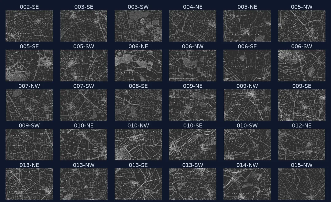Contact sheet of thirty Ordnance Survey six-inch quarter sheets of Rutland from 1884 to 1891, labelled 002-SE to 015-NW, as found on Wikimedia Commons.