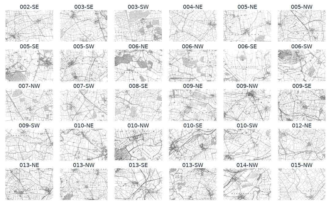 Contact sheet of thirty Ordnance Survey six-inch quarter sheets of Rutland from 1884 to 1891, labelled 002-SE to 015-NW, as found on Wikimedia Commons.