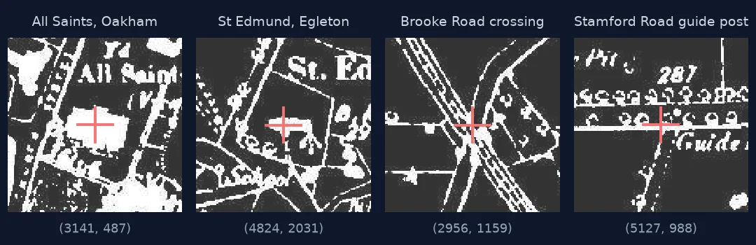 Four close-ups of the scan with a red cross on each chosen control point: the centre of All Saints church in Oakham, the centre of St Edmund's in Egleton, the Brooke Road railway crossing, and the junction at the Stamford Road guide post.