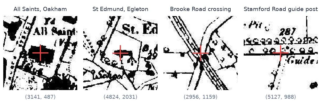 Four close-ups of the scan with a red cross on each chosen control point: the centre of All Saints church in Oakham, the centre of St Edmund's in Egleton, the Brooke Road railway crossing, and the junction at the Stamford Road guide post.