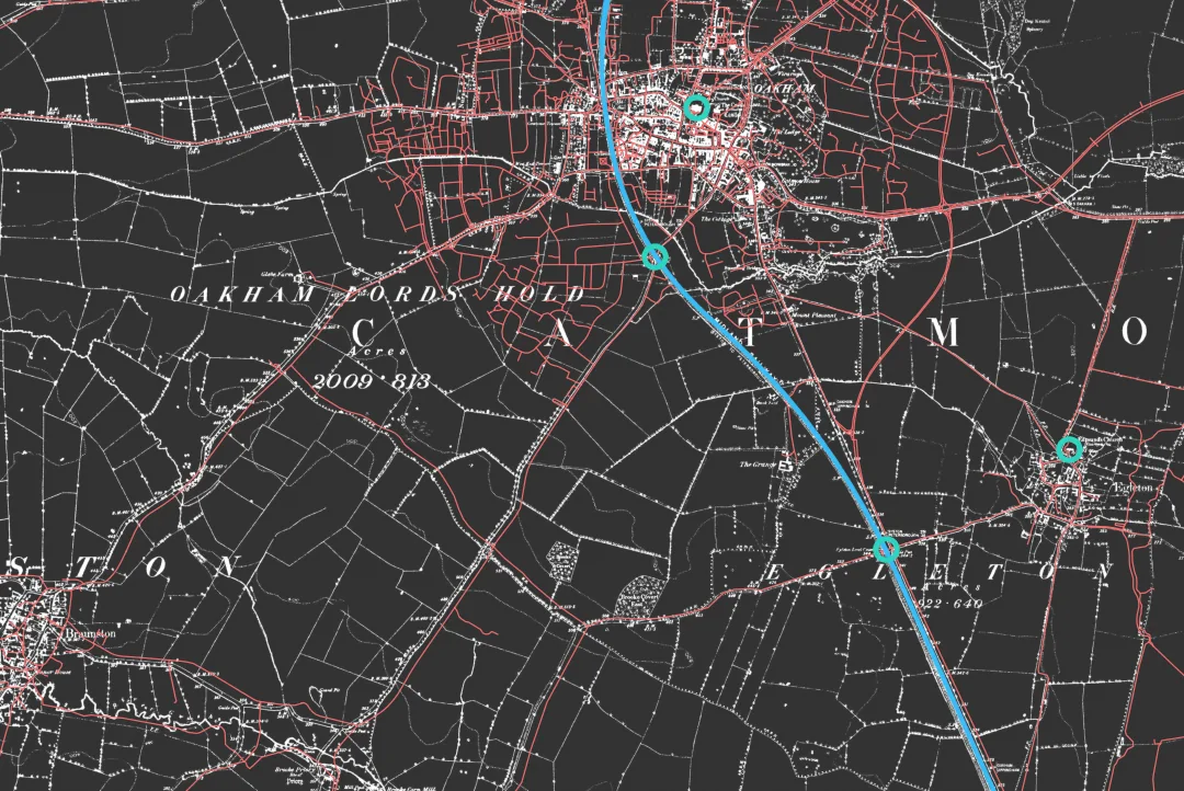 The 1880s Ordnance Survey sheet around Oakham with today's OpenStreetMap roads in red and railway in blue projected onto it through a four-point fit; the railway and old roads line up, the modern bypass crosses open fields.