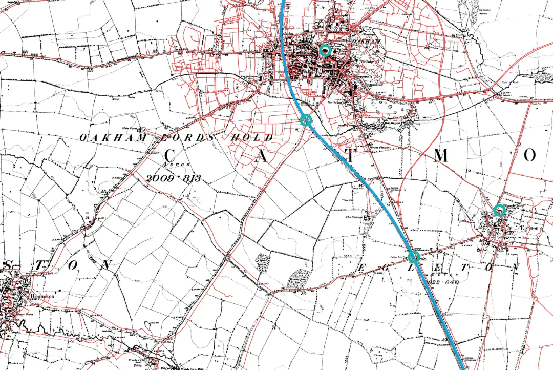 The 1880s Ordnance Survey sheet around Oakham with today's OpenStreetMap roads in red and railway in blue projected onto it through a four-point fit; the railway and old roads line up, the modern bypass crosses open fields.