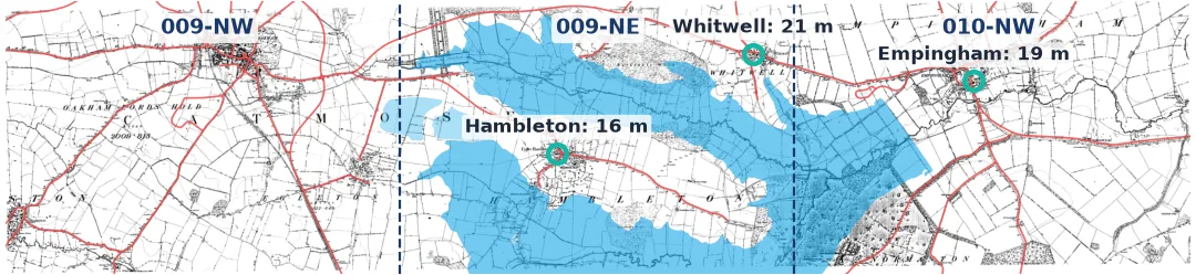 Three 1880s six-inch sheets, 009-NW, 009-NE and 010-NW, joined into one strip about 14.5 km wide in British National Grid, with dashed lines at the sheet joins, today's roads in red, Rutland Water in blue over the old Hambleton valley, and the churches of Hambleton, Whitwell and Empingham ringed with errors of 16, 21 and 19 m.