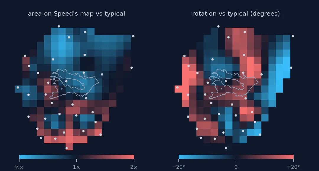 Two maps of Rutland in 1 km cells: the left coloured by how large each cell is drawn on Speed's map relative to the typical cell, from half to double; the right by how much each cell is rotated, from minus to plus 20 degrees.