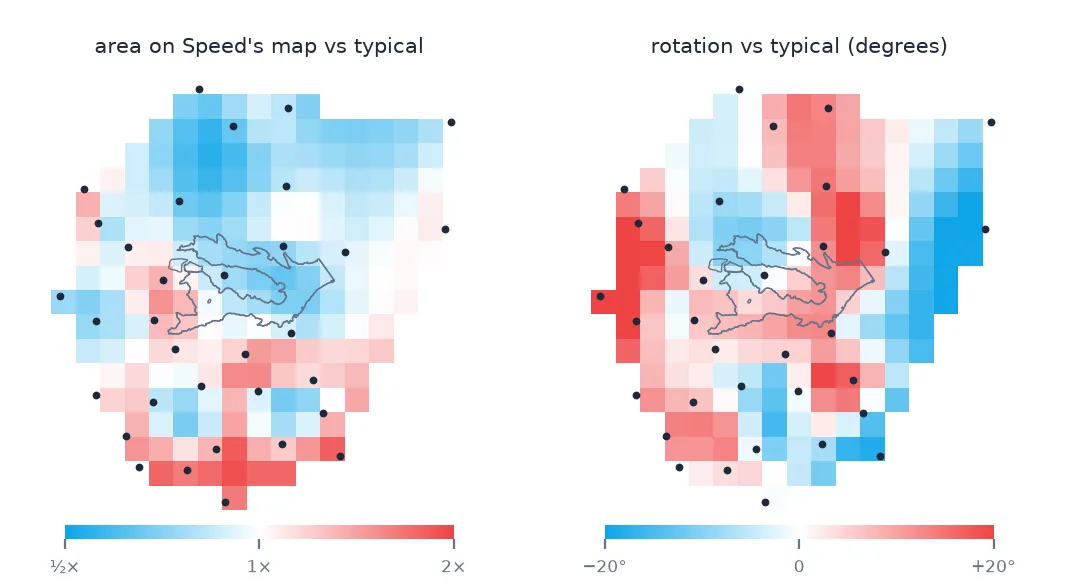 Two maps of Rutland in 1 km cells: the left coloured by how large each cell is drawn on Speed's map relative to the typical cell, from half to double; the right by how much each cell is rotated, from minus to plus 20 degrees.