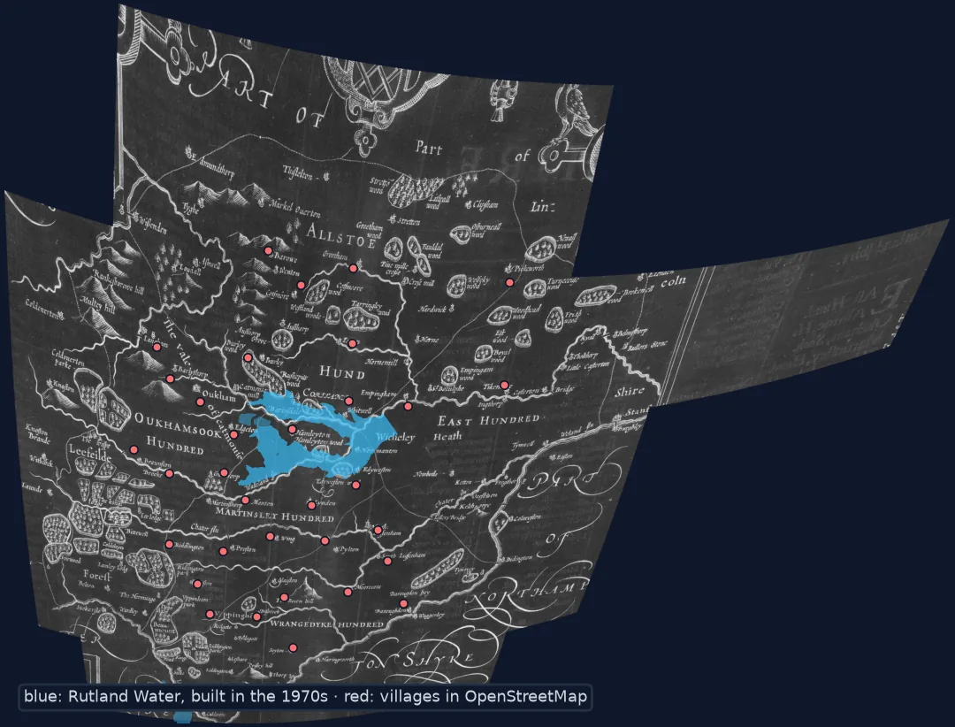 Speed's Rutland warped onto British National Grid with a second-order polynomial, its edges curved, with Rutland Water in blue and today's villages as red dots near Speed's church symbols.