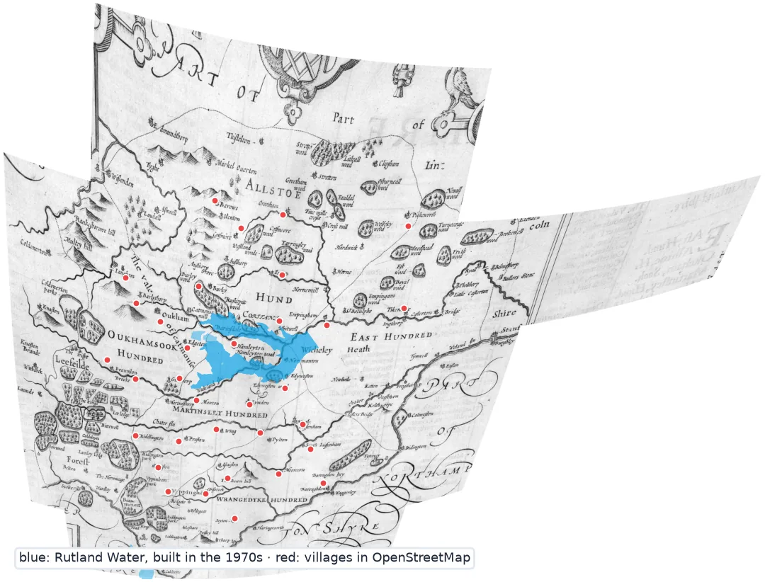 Speed's Rutland warped onto British National Grid with a second-order polynomial, its edges curved, with Rutland Water in blue and today's villages as red dots near Speed's church symbols.