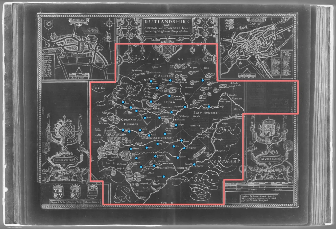 The whole 1676 atlas page of Speed's Rutlandshire, with the inset plans of Oakham and Stamford, cartouche, arms and scale bar outside a red outline of the map area, and 33 blue dots on the church symbols used as control points.
