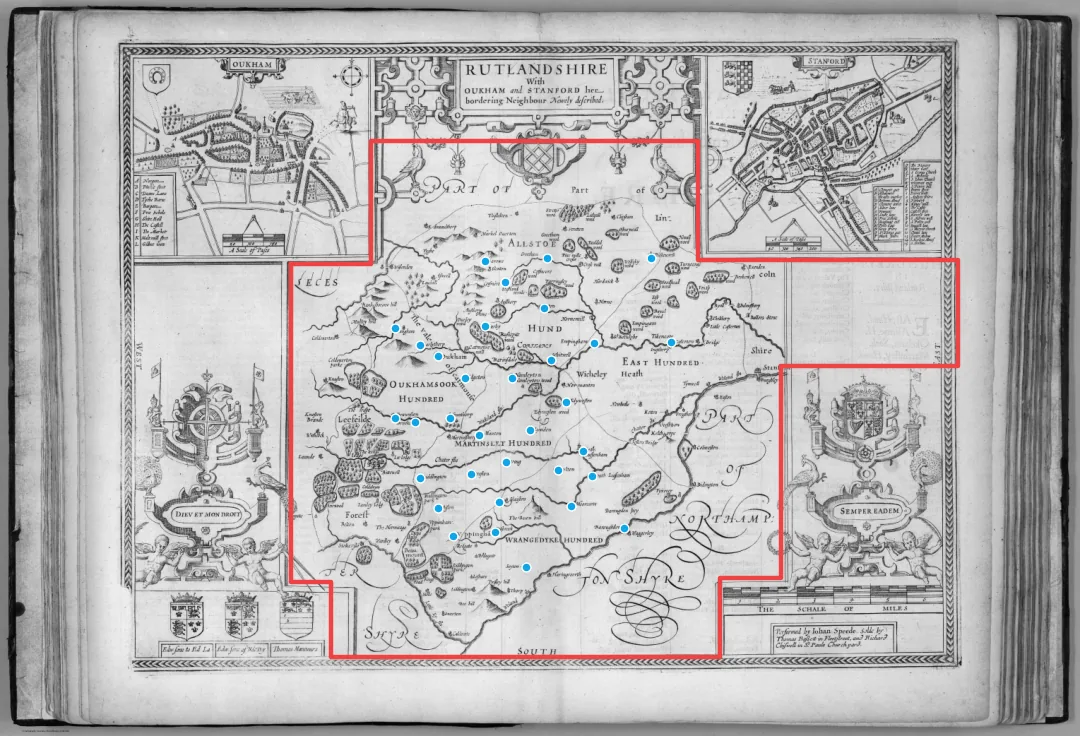 The whole 1676 atlas page of Speed's Rutlandshire, with the inset plans of Oakham and Stamford, cartouche, arms and scale bar outside a red outline of the map area, and 33 blue dots on the church symbols used as control points.