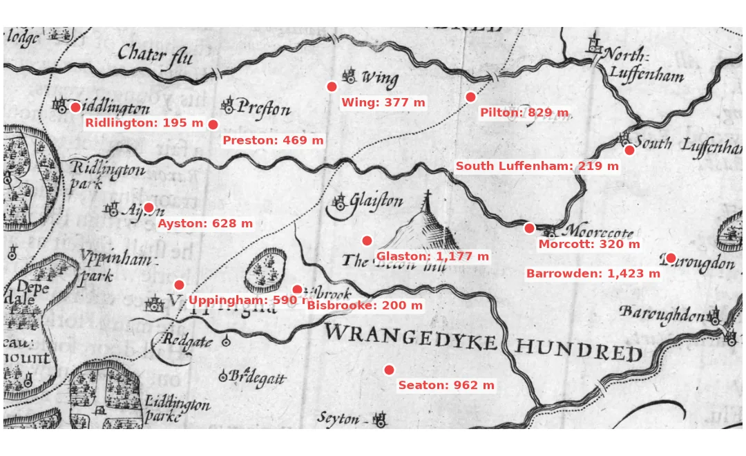The south of Speed's Rutland warped onto British National Grid, with red dots at each village's true position from OpenStreetMap and its leave-one-out error: Ridlington 195 m, Bisbrooke 200 m, Glaston 1,177 m, Barrowden 1,423 m.