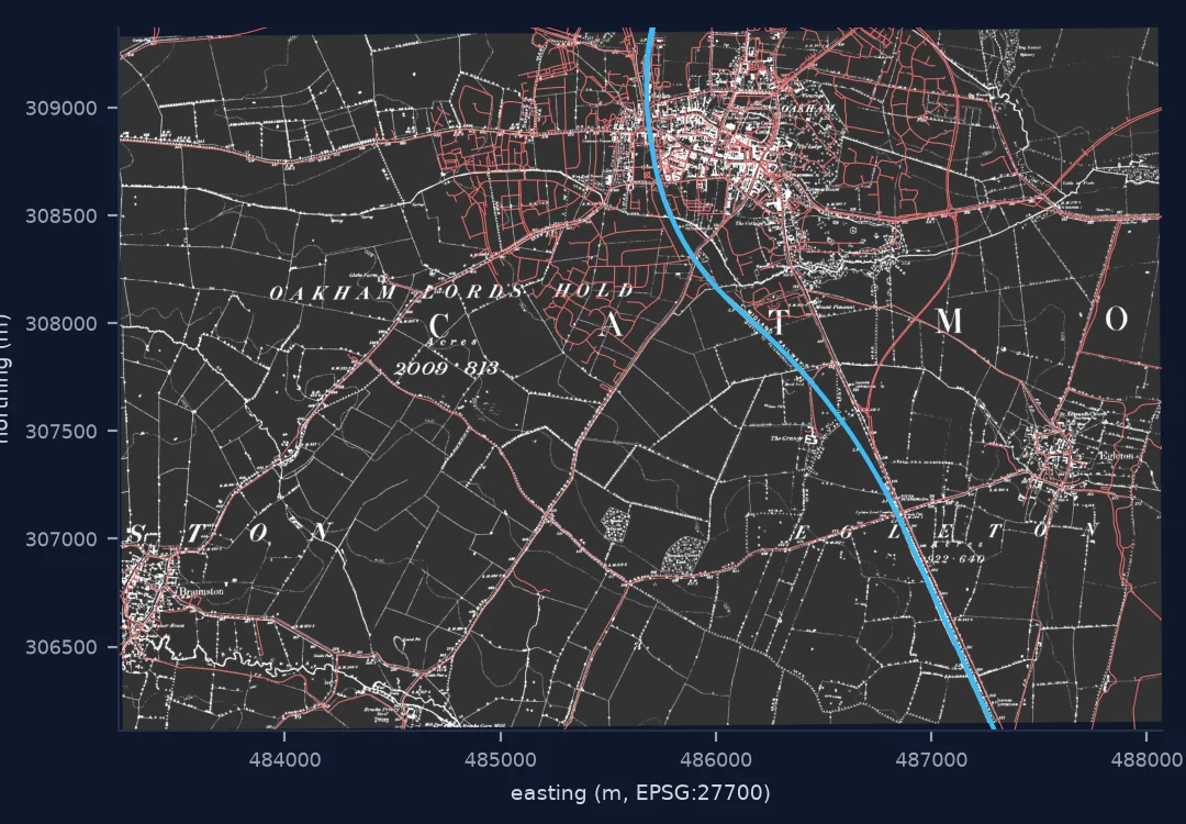 The Oakham six-inch sheet of 1884–1891 warped to British National Grid with modern OpenStreetMap roads and railway drawn on top, lining up along the whole sheet.
