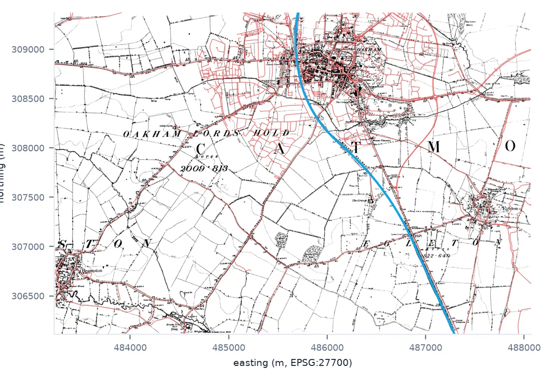 The Oakham six-inch sheet of 1884–1891 warped to British National Grid with modern OpenStreetMap roads and railway drawn on top, lining up along the whole sheet.