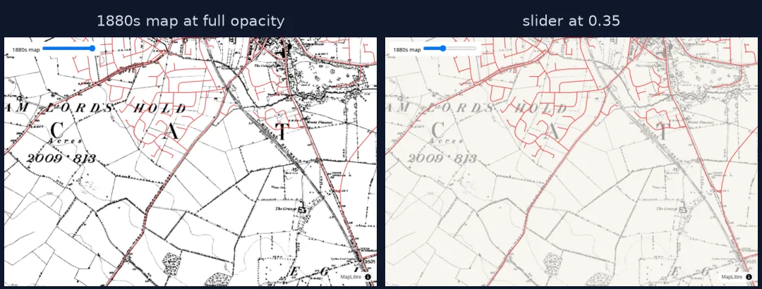 Two headless-Chromium screenshots of the MapLibre page: on the left the 1880s Oakham sheet at full opacity with today's roads in red, the new housing estates drawn over Victorian fields; on the right the slider at 0.35, the old map faded behind the roads.