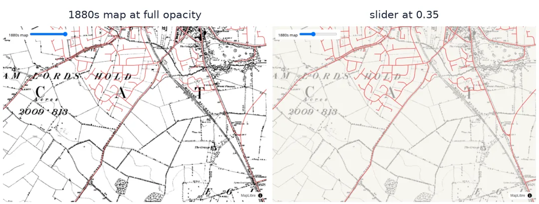 Two headless-Chromium screenshots of the MapLibre page: on the left the 1880s Oakham sheet at full opacity with today's roads in red, the new housing estates drawn over Victorian fields; on the right the slider at 0.35, the old map faded behind the roads.