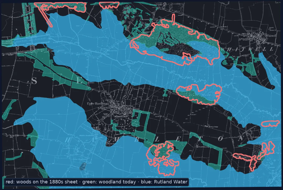 The 1880s six-inch sheet 009-NE with the woods digitised from it outlined in red, today's woodland in green and Rutland Water in blue: the southern parts of Barnsdale, Armley and Hambleton Woods lie under the water, and new plantations line the shore.