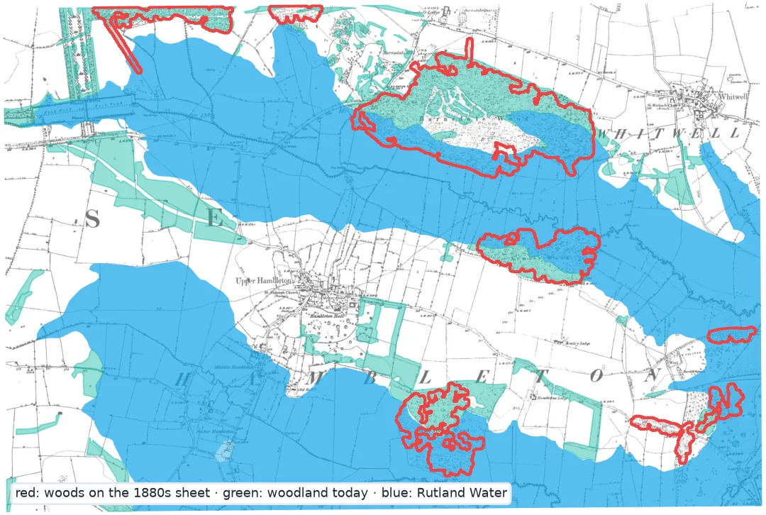The 1880s six-inch sheet 009-NE with the woods digitised from it outlined in red, today's woodland in green and Rutland Water in blue: the southern parts of Barnsdale, Armley and Hambleton Woods lie under the water, and new plantations line the shore.