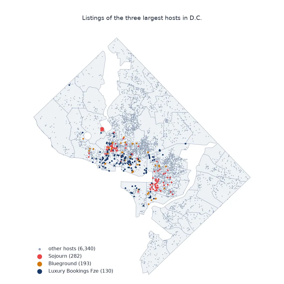 Map of D.C. listings with the three largest hosts highlighted in colour