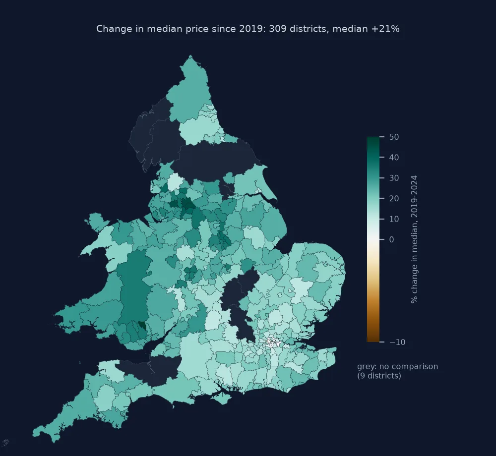 Choropleth of percentage change in district median price between 2019 and 2024