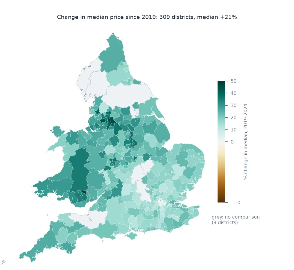 Choropleth of percentage change in district median price between 2019 and 2024