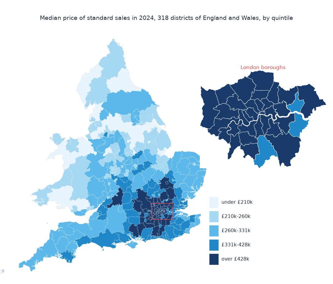 Choropleth of England and Wales districts by median 2024 price quintile with a London inset