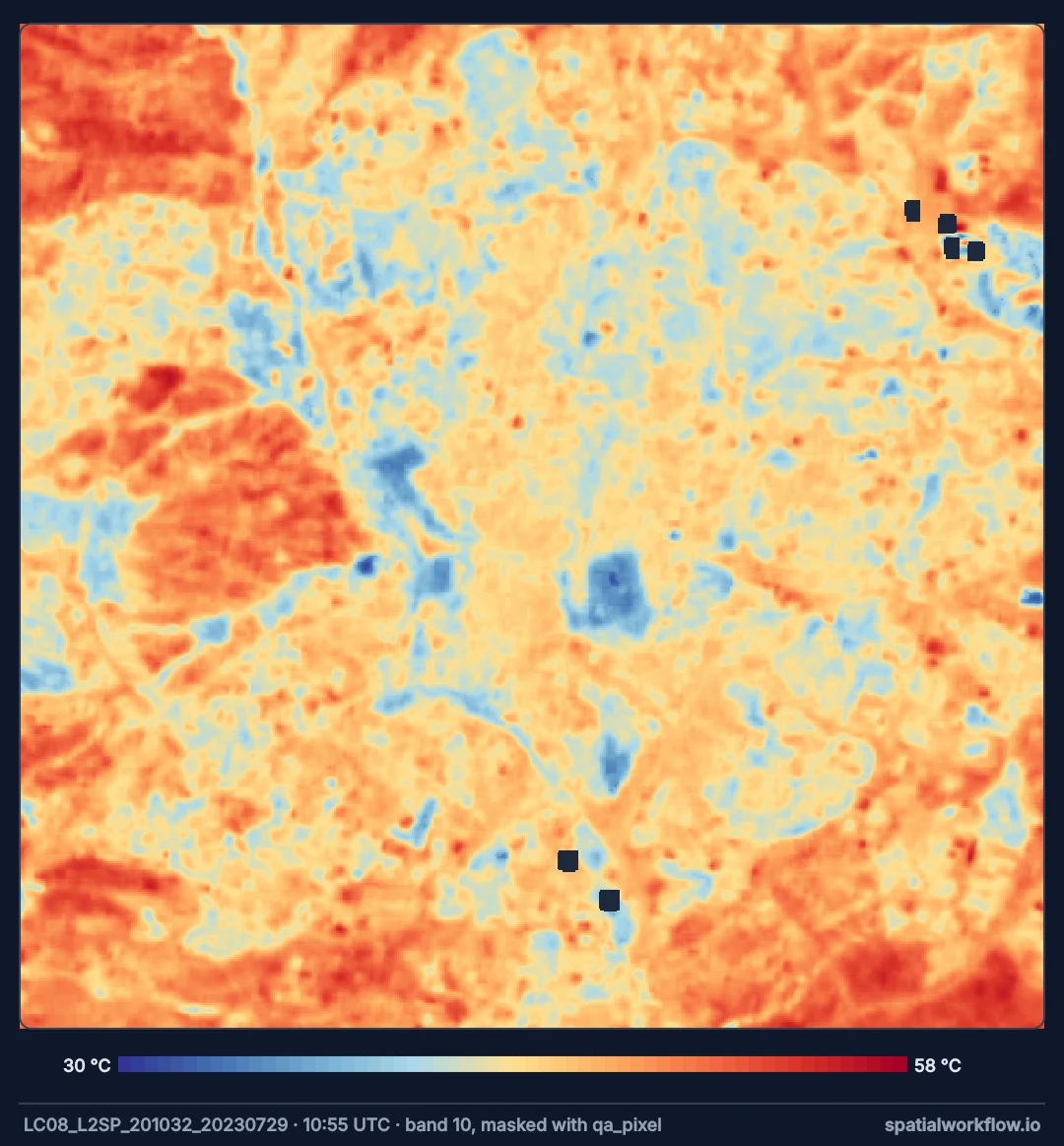 Land surface temperature map of central Madrid from one Landsat 8 scene: most of the city orange, with parks and the river in blue and the hottest areas in dark red.