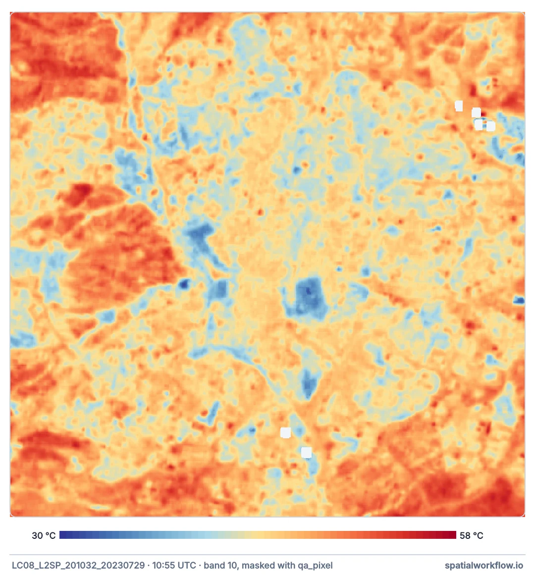 Land surface temperature map of central Madrid from one Landsat 8 scene: most of the city orange, with parks and the river in blue and the hottest areas in dark red.