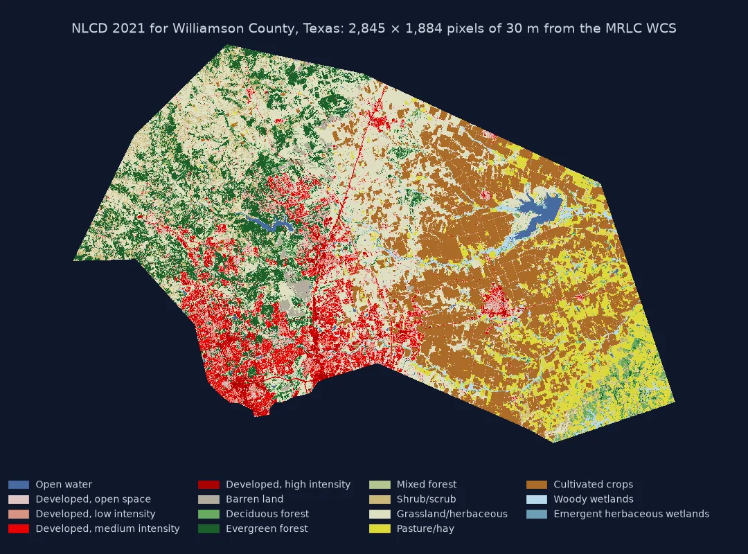 Land cover map of Williamson County, Texas, in 2021 in the official NLCD colours: developed land in reds concentrated in the south-west around Round Rock, Cedar Park and Georgetown, evergreen forest and grassland in the hilly west, cultivated crops and pasture across the flat east, and Granger Lake as a blue shape in the east.