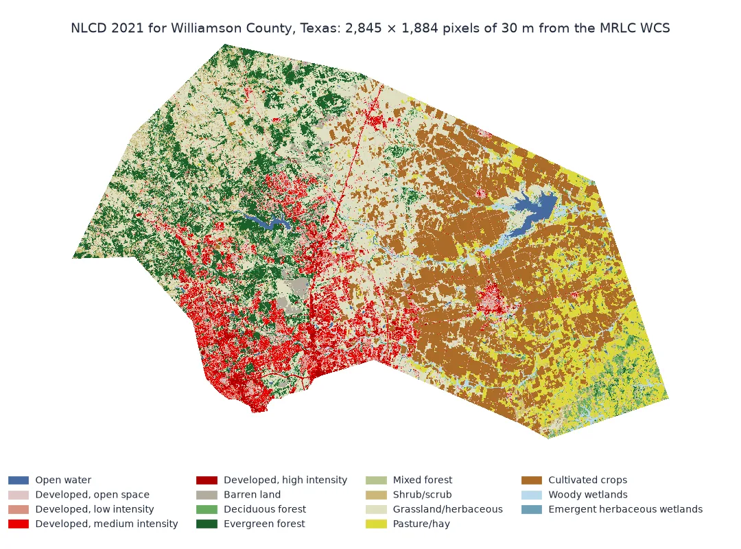 Land cover map of Williamson County, Texas, in 2021 in the official NLCD colours: developed land in reds concentrated in the south-west around Round Rock, Cedar Park and Georgetown, evergreen forest and grassland in the hilly west, cultivated crops and pasture across the flat east, and Granger Lake as a blue shape in the east.