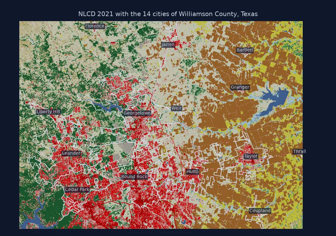 NLCD 2021 land cover around Williamson County, Texas, with the outlines and names of its 14 cities: the large developed cities of Round Rock, Cedar Park, Leander and Georgetown in the south-west among red developed land, Hutto and Taylor in the farmland to the east, and small towns such as Granger, Bartlett, Thrall, Coupland, Jarrell, Florence, Weir and Liberty Hill.