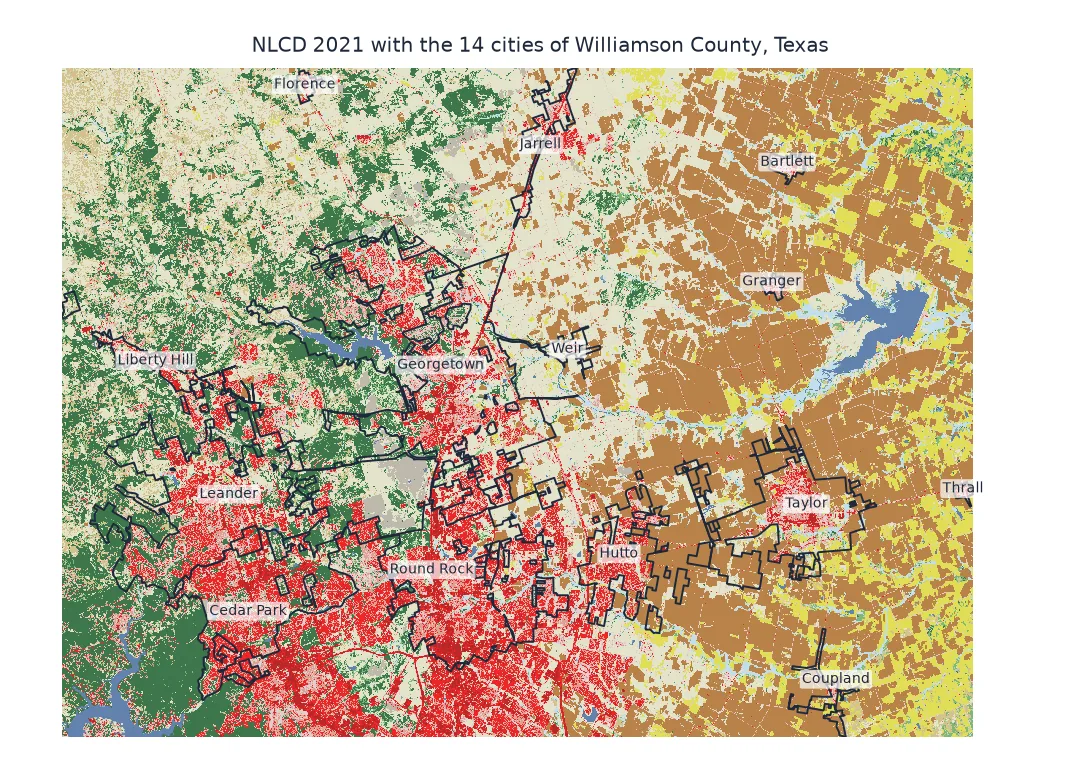 NLCD 2021 land cover around Williamson County, Texas, with the outlines and names of its 14 cities: the large developed cities of Round Rock, Cedar Park, Leander and Georgetown in the south-west among red developed land, Hutto and Taylor in the farmland to the east, and small towns such as Granger, Bartlett, Thrall, Coupland, Jarrell, Florence, Weir and Liberty Hill.
