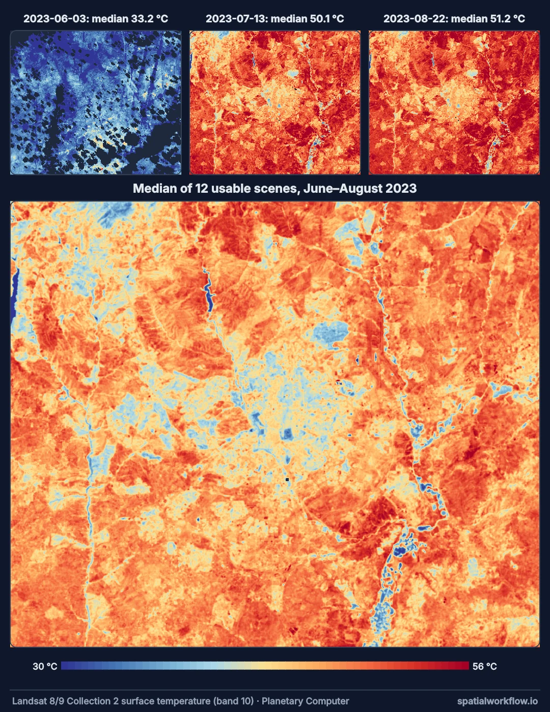 Three single-day land surface temperature maps of the Madrid area above one larger composite map, all on the same colour scale. The early June day is much cooler and patchy with gaps; the July and August days are hot; the composite is a complete summer picture.