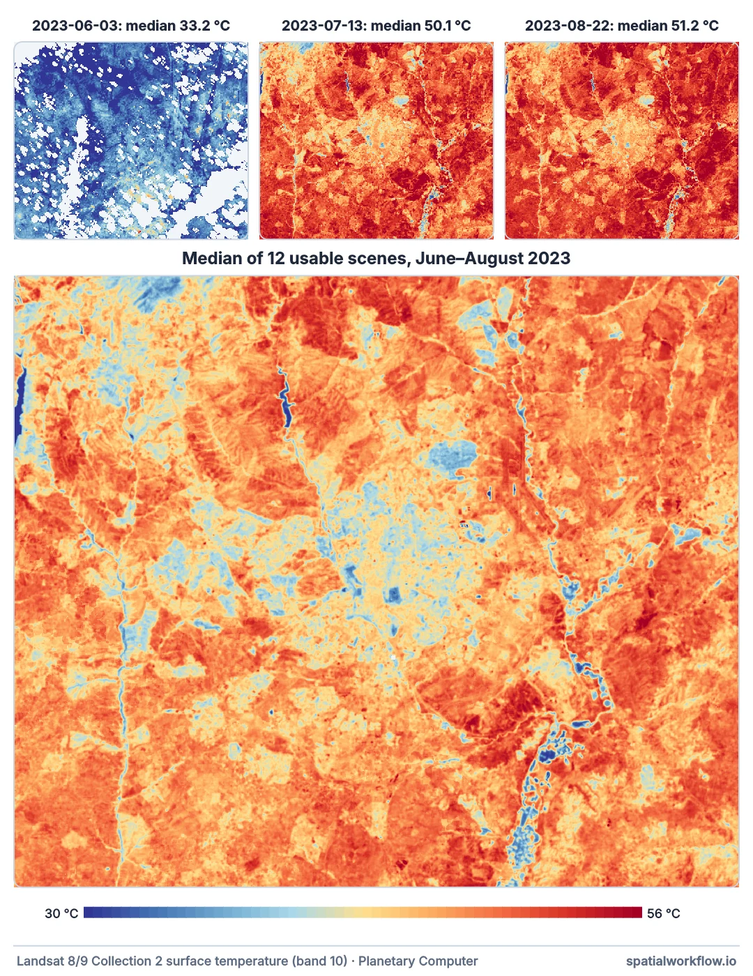 Three single-day land surface temperature maps of the Madrid area above one larger composite map, all on the same colour scale. The early June day is much cooler and patchy with gaps; the July and August days are hot; the composite is a complete summer picture.