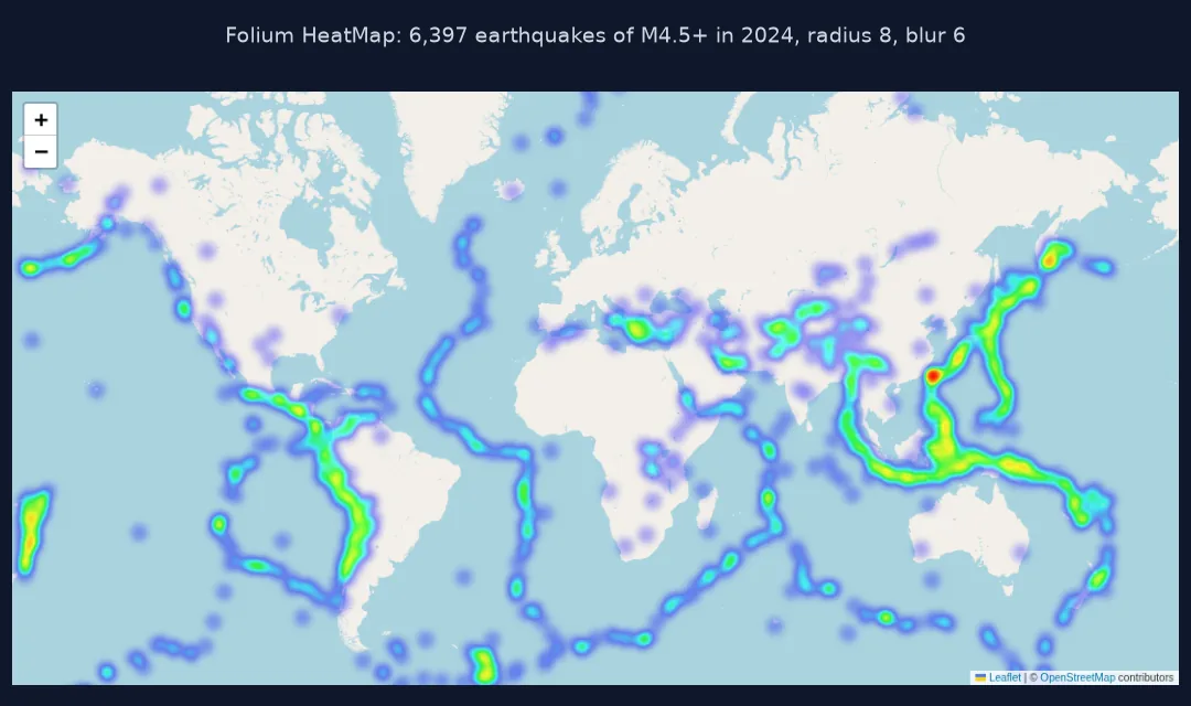 Screenshot of a Folium heatmap of 6,397 earthquakes of magnitude 4.5 and larger in 2024 on OpenStreetMap tiles, with hot bands along the Pacific Ring of Fire, the Andes, the mid-Atlantic ridge and Indonesia.