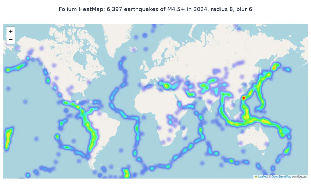 Screenshot of a Folium heatmap of 6,397 earthquakes of magnitude 4.5 and larger in 2024 on OpenStreetMap tiles, with hot bands along the Pacific Ring of Fire, the Andes, the mid-Atlantic ridge and Indonesia.
