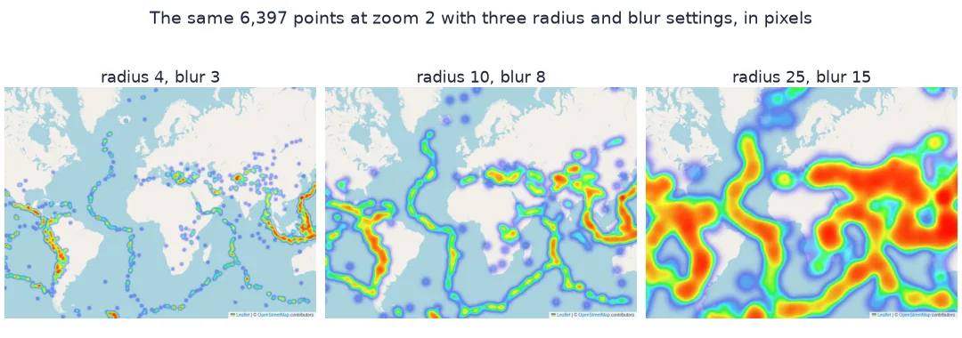 Three screenshots of the same earthquake heatmap at zoom 2: radius 4 shows separate dots along plate boundaries, radius 10 continuous bands, and radius 25 large merged red blobs.