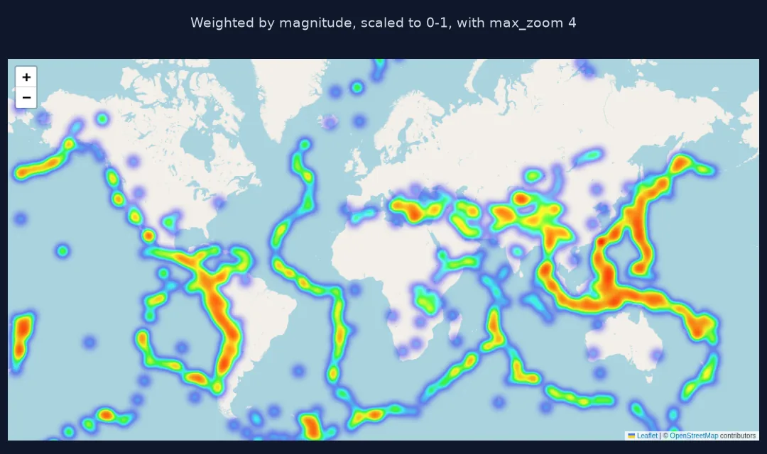 Screenshot of the magnitude-weighted Folium heatmap with max_zoom 4, brighter and redder along subduction zones in Japan, Indonesia, Tonga and South America.
