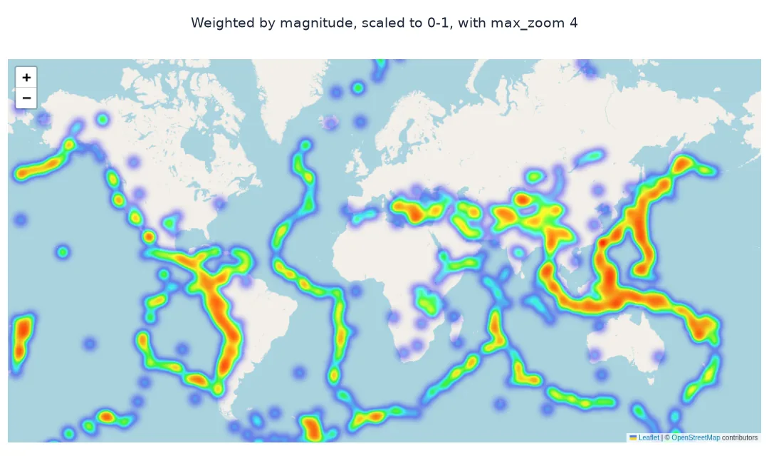 Screenshot of the magnitude-weighted Folium heatmap with max_zoom 4, brighter and redder along subduction zones in Japan, Indonesia, Tonga and South America.