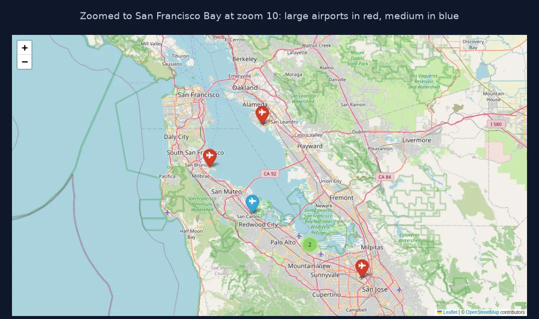Screenshot of the clustered airport map zoomed to San Francisco Bay at zoom 10, with red plane markers at San Francisco, Oakland and San Jose international airports, a blue marker for a medium airport, and a small cluster of two.