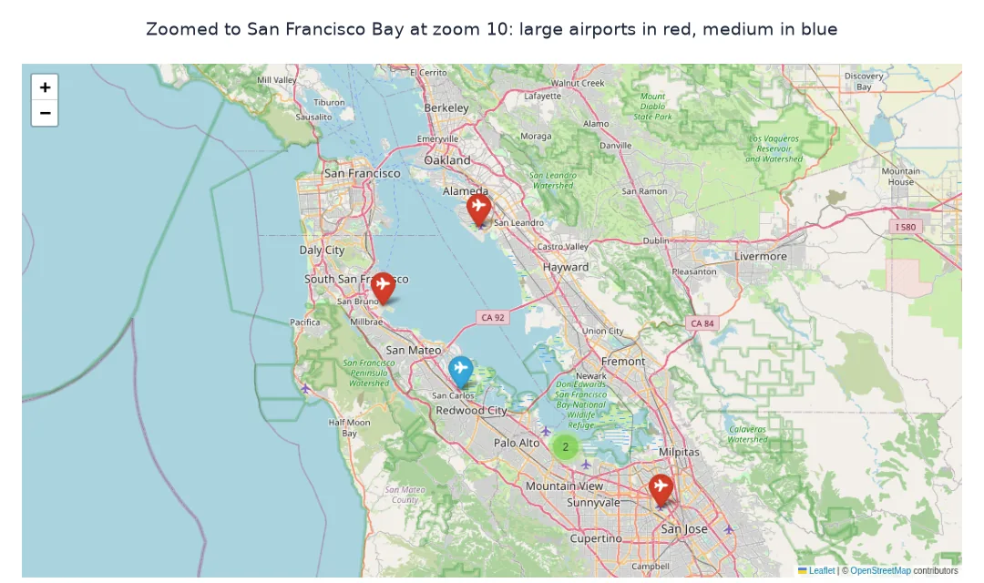 Screenshot of the clustered airport map zoomed to San Francisco Bay at zoom 10, with red plane markers at San Francisco, Oakland and San Jose international airports, a blue marker for a medium airport, and a small cluster of two.