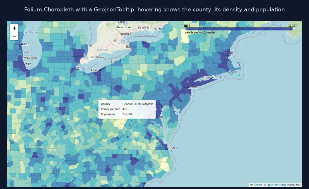 Screenshot of the Folium county density choropleth zoomed to the north-east US, with a tooltip over Howard County, Maryland reading 492.6 people per km² and population 336,001.