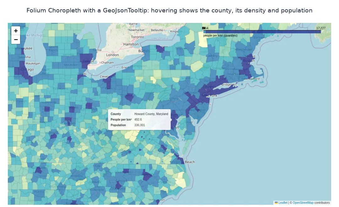 Screenshot of the Folium county density choropleth zoomed to the north-east US, with a tooltip over Howard County, Maryland reading 492.6 people per km² and population 336,001.