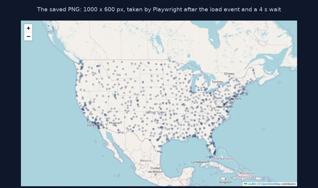 The PNG saved by Playwright: a Folium map of the United States on OpenStreetMap tiles with 918 airports as small blue circles.