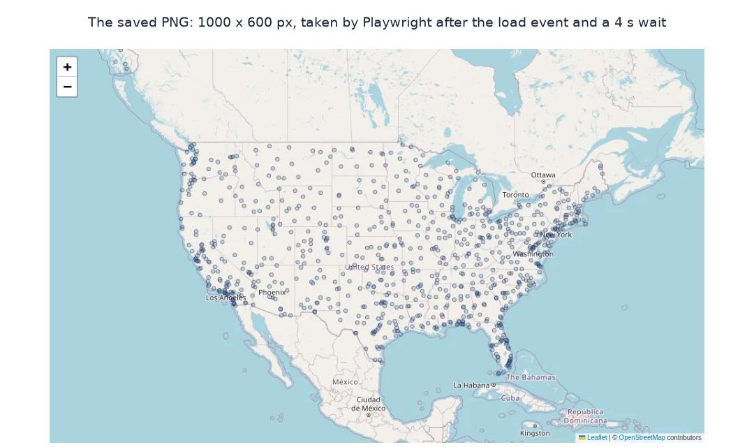 The PNG saved by Playwright: a Folium map of the United States on OpenStreetMap tiles with 918 airports as small blue circles.
