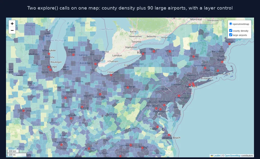 Screenshot of the two-layer explore() map zoomed to the north-eastern US, with county densities, red circles for large airports such as those at New York, Boston and Detroit, and an expanded layer control.