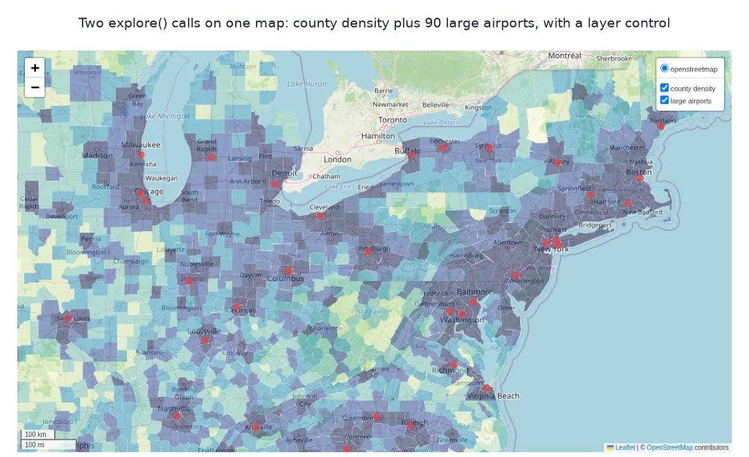 Screenshot of the two-layer explore() map zoomed to the north-eastern US, with county densities, red circles for large airports such as those at New York, Boston and Detroit, and an expanded layer control.